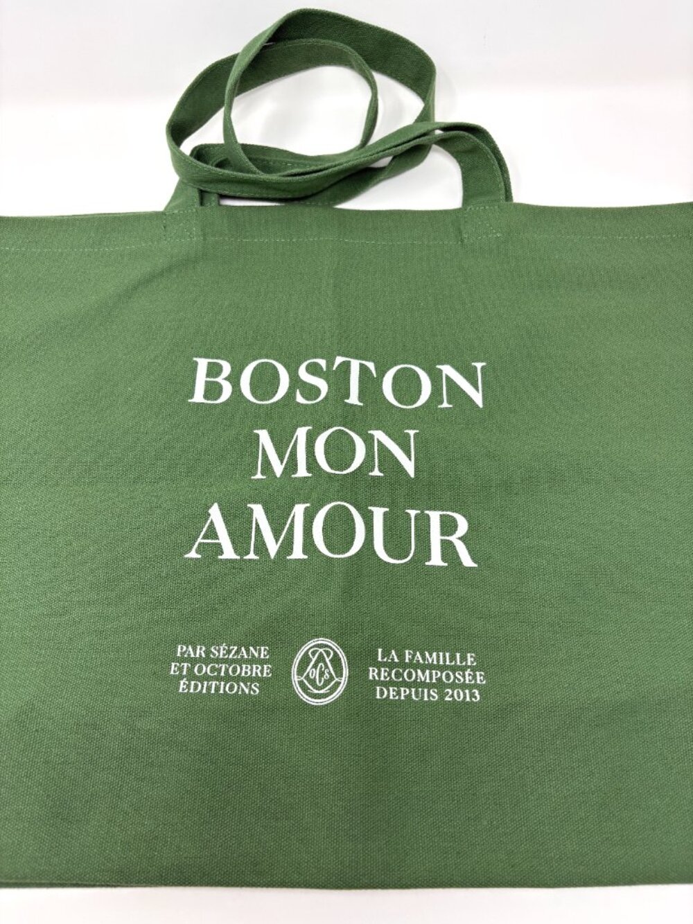 Sézane Boston Mon Amour Limited Edition Green Canvas Tote Bag Rare NWOT
